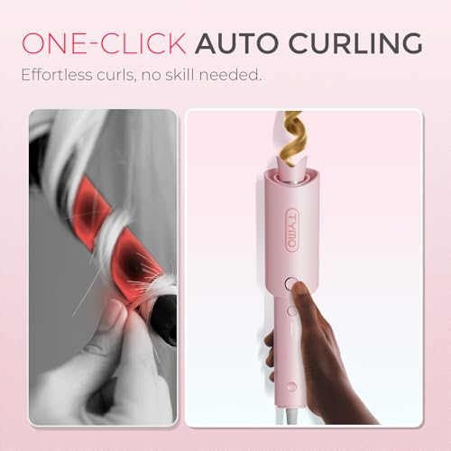 TYMO Automatic Rotating Curling Iron - TYMO CURLPRO Beach Waves Curling Wand, Portable Hair Curler, 500 Million Ionic, Dual Voltage & Lightweight for Travel, Ceramic Coating, 1 Inch, Pink