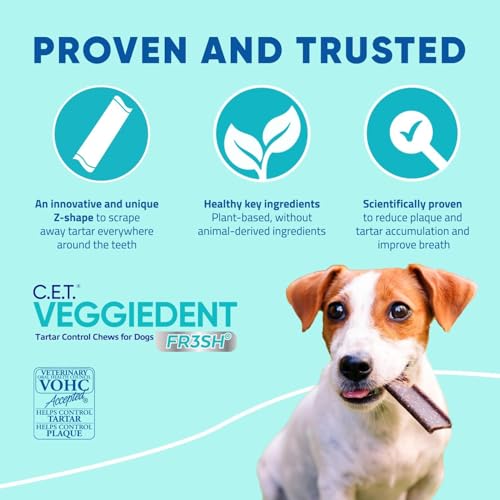 Virbac C.E.T.® VEGGIEDENT® FR3SH® Tartar Control Chews for Dogs with digestive health support, VOHC Approved, Small 11-22lbs