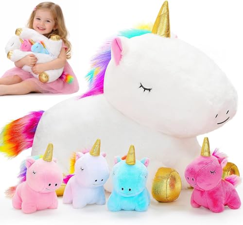 KMUYSL Toys for Girls Ages 0 1 2 3 4 5 6 7 8+ Years - Unicorn Mommy Stuffed Animal with 4 Baby Unicorns in Her Tummy, Soft Unicorn Plush Toys Set, Christmas Birthday Gifts for Baby, Toddler, Kids