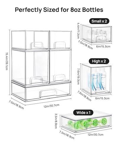 Vtopmart Stackable Storage Drawers Set of 5, Clear Plastic Organizer Bins for Baby Bottle, Beauty Supplies Storage, Ideal for Kichen Countertop, Vanity, Bathroom, Cabinet, Pantry Organization
