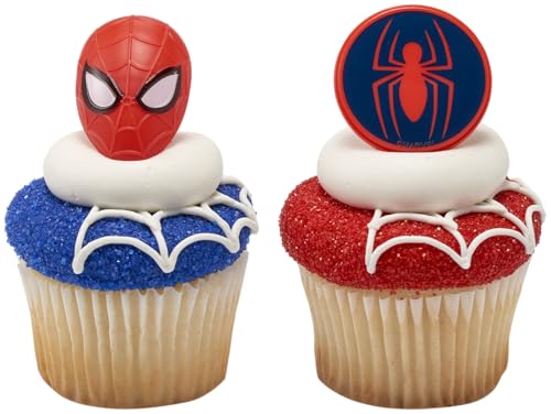 DecoPac Marvel's Spider-Man™ Spider and Mask Rings, Spider-Man Cupcake Decorations, Red and Blue Food Safe Cake Toppers – 24 Pack