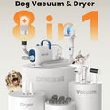oneisall Dog Vacuum & Dryer for Shedding Grooming, 8 in 1 Dog Grooming Kit with Metal Blade Pet Clippers, Adjustable Speed and Temperature Control Blower