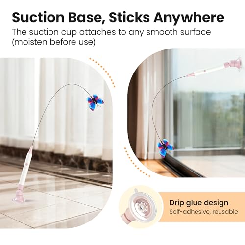Potaroma Interactive Spinning Butterfly Cat Toy Wand – Rechargebale Electric Touch Activated Cat Teaser with Suction Cup Self-Play & Handheld Mode for Indoor Kittens, Durable Automatic Play Toy
