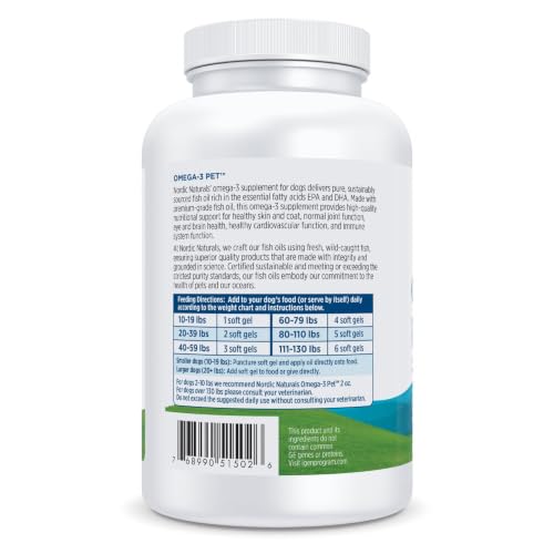 Nordic Naturals Omega-3 Fish Oil for Dogs with EPA + DHA - 180 Count | Easy-to-give soft gel capsules deliver 320 mg omega-3 per serving to support heart, skin, coat, and immune health in dogs