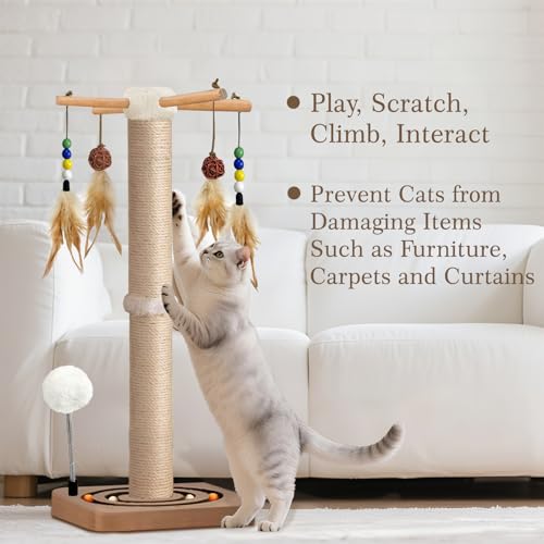 PAROTO Cat Scratching Post, Sisal Cat Tree Tower Scratcher for Indoor Cats Adults with Interactive Toys, Double Ball Track, 2 Mounting Methods, 25 inches