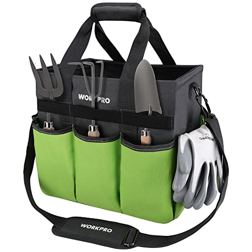 WORKPRO Garden Tool Bag, 10 Pockets and Shoulder Strap, Green | Heavy Duty Gardening Organizer Tote Bag, Standable Garden Tool Organizer (Tools not Included)