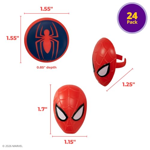 DecoPac Marvel's Spider-Man™ Spider and Mask Rings, Spider-Man Cupcake Decorations, Red and Blue Food Safe Cake Toppers – 24 Pack