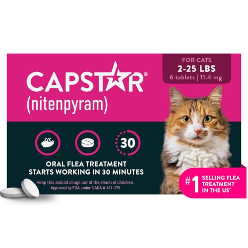 Capstar (nitenpyram) Cat Flea Treatment, Fast-Acting Oral Flea Treatment for Cats 2-25 lbs, Vet-Recommended Medication Tablets Start Killing in 30 Minutes, 6 Doses