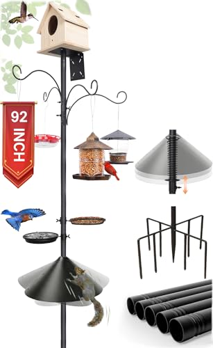 eWonLife 92 Inch Squirrel Proof Bird Feeder Pole with 9 Prongs Base, 1 Inch Dia Bird House Pole, Heavy Duty Bird Feeder Stand, Adjustable Shepherds Hooks for Outdoor with Squirrel Baffle Birdbath Tray