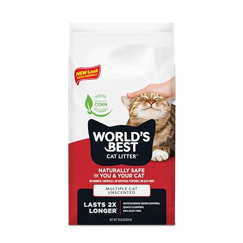 World's Best Cat Litter, Multiple Cat, Unscented, Odor Control, 15 lb Bag | Controls tough multi-cat odors and lasts 2x longer; natural corn litter, quick clumping, flushable, 99% dust free