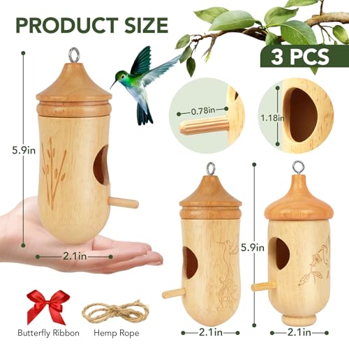 Hummingbird House, Small Hummingbird Houses for Outside | Wooden Bird House with Bow, String, Cute Gardening Gifts Home Decoration