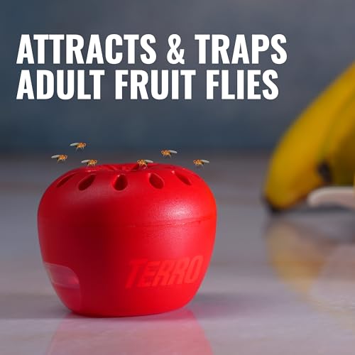 TERRO Fruit Fly Trap, 6-Pack Indoor Fly Traps with 270 Days Lure Supply | Apple-Shaped Design for Kitchen Counters, Fruit Bowls, Trash Cans, Food-Based Lure, Indoor Pest Control, Fruit Fly Killer