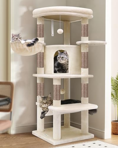 Globlazer Corner Cat Tree, 51in Curved Series Modern Cat Tower for Indoor Cats with Hammock, 7 Sisal Scratching Posts, Large Fan-Shaped Platform for Large Cats, Cat Condo & Hanging Basket, C51, Beige