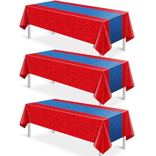 3Pcs Spider Web Themed Birthday Party Tablecloths Decorations,Red Blue Hero Plastic Table Cover Disposable Rectangle Table Cloth for Baby Shower Kids Boys Birthday Party Supplies,54x108 Inch