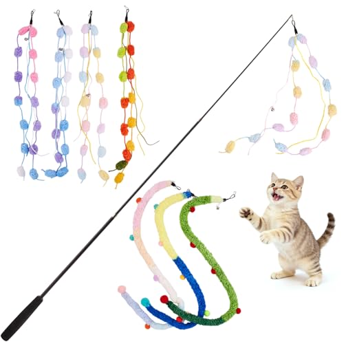 Cat Wand Toy, 8Pcs Retractable Plush Srtip Cat Teaser Wand Toys with Bell & String, Long Interactive Wand Toys for Indoor Kitten, Exercise