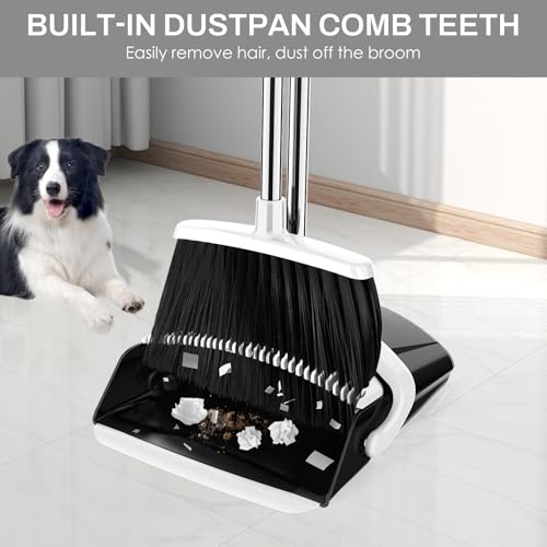 Broom and Dustpan Set for Home, 51-in Long Adjustable Handle Angle Broom and Dustpan Combo Set with Dust Pan Teeth to Clean Hair for Home Kitchen Office Lobby Floor Garden (Black&White)