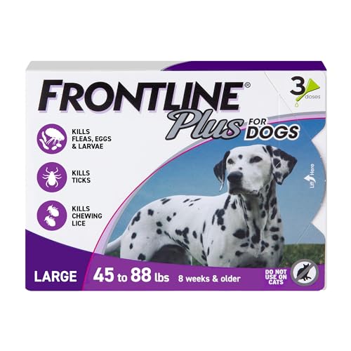 FRONTLINE Plus Flea & Tick Spot Treatment for Large Breed Dogs 45-88 lbs. (Purple) Count of 3 | Trusted by pet owners for over 20 years,² kills fleas, ticks & chewing lice, waterproof 24 hr