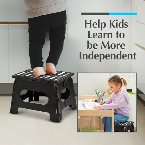 Handy Laundry Folding Step Stool - Sturdy Enough Collapsible Stool to Support Adults and Safe Enough for Kids - Opens Easy with One Flip - Great for Kitchen, Bathroom or Bedroom (Black - 9 Inch)