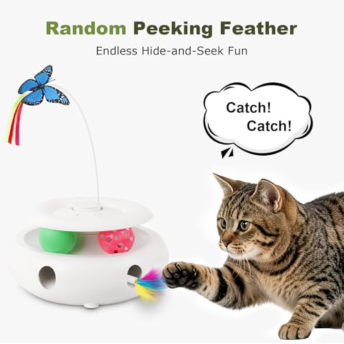 Cat Toys for Indoor Cats, 3-in-1 Interactive Cat Toy Automatic Kitten Toys with Fluttering Butterfly, Ambush Feather and Track Balls, Smart Sensor Wake-Up,USB Powered, Exercise & Boredom Relief