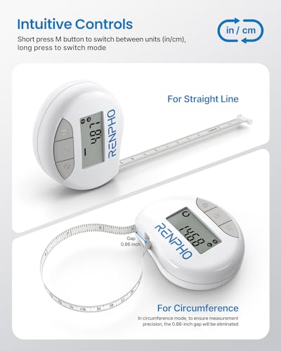 RENPHO Body Measuring Tape, Smart Tape Measure for Weight Loss, Bluetooth Fitness Equipment with App, Measuring Waist, Hip, Bust, Arms, Muscle Gain, Retractable, 60in /150cm, White