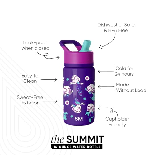 Simple Modern Marvel Kids Water Bottle with Straw Lid | 14oz Insulated Stainless Steel Kids Tumbler & Spill Proof Toddler Cup for School, Girls, Boys | Summit | Spider Gwen