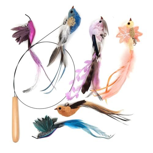 miwoowim Interactive Cat Toys for Indoor Cats - 35'' Steel Wire and 6PCS Feather Bird Refills,Teaser Toy,Cat Wand Toy,Feathers & Bells, Realistic Bird Impression (7 PCS)