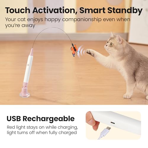 Potaroma Interactive Spinning Butterfly Cat Toy Wand – Rechargebale Electric Touch Activated Cat Teaser with Suction Cup Self-Play & Handheld Mode for Indoor Kittens, Durable Automatic Play Toy