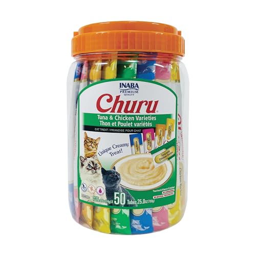 INABA Churu Cat Treats, Lickable, Squeezable Creamy Purée Cat Treat with Green Tea Extract & Taurine, 0.5 Ounces Each Tube, 50 Tubes, Tuna & Chicken Variety