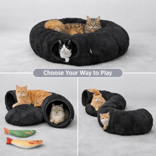 Cat Tunnel Bed with 2 Catnip Fish Toys (1000mg Natural Catnip) Interactive Cat Toys, Cat Tubewith Kitten Toys for Indoor Kittens, Collapsible Play Tunnel, Dark Grey