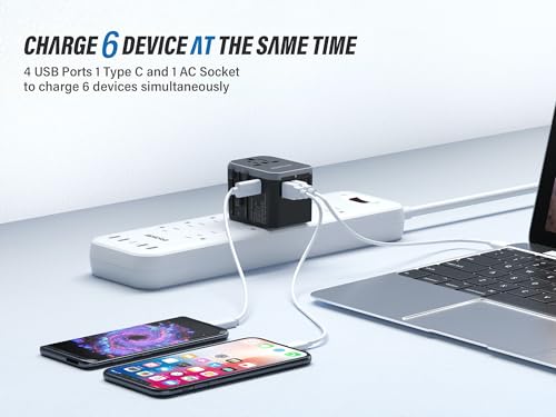 EPICKA Universal Travel Adapter, European Travel Plug Adapter (Not a Voltage Converter) - International Power Adapter Worldwide Charger with USB-C & 4 USB-A Ports, Travel Essentials (TA-105, Grey)