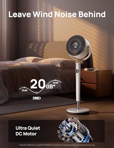 DREO Smart Fan for Bedroom, 120° +120° Omni-Directional Oscillating Fans, 100ft Quiet Pedestal Fan with RGB Light, 9 Speeds, 6 Modes, 20dB, 8H Timer, Wi-Fi/Voice/Alexa, 35-40" Floor Fans with Remote
