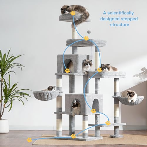 Hey-brother Cat Tree Tower, Scratching Posts with a Extended Part, Wide Platforms, Cozy Condos, Hammocks, Sisal Columns and Ball for Indoor Cats, 70.1 Inches, Light Gray MPJ038W