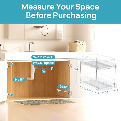 Vtopmart 4 Pack Bathroom Organizer, 2 Tier Clear Under Sink Organizers Vanity Countertop Storage Container,Cabinet Drawers Bins, Pull-Out Organization with Track for Pantry, Kitchen