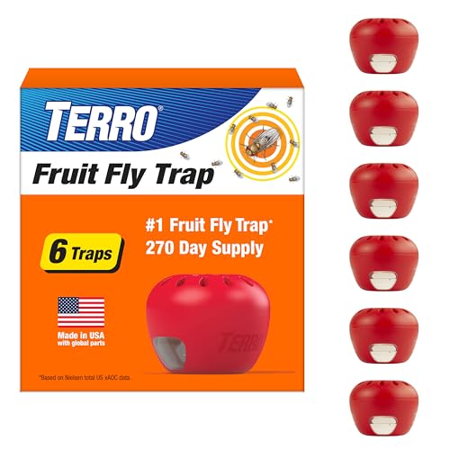 TERRO Fruit Fly Trap, 6-Pack Indoor Fly Traps with 270 Days Lure Supply | Apple-Shaped Design for Kitchen Counters, Fruit Bowls, Trash Cans, Food-Based Lure, Indoor Pest Control, Fruit Fly Killer