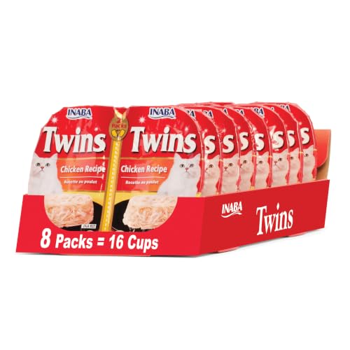 INABA Twins for Cats, Shredded Chicken & Broth Gelée Side Dish/Topper Cups with Green Tea Extract, 1.23 Ounces per Serving, 16 Servings, Chicken Recipe