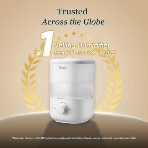 Levoit Top Fill Humidifiers for Bedroom, 2.5L Tank for Large Room, 28dB | Easy to Fill & Clean, Quiet Cool Mist Air Humidifier for Home Baby Nursery & Plants, Auto Shut-off for Safety, 25H Lasting