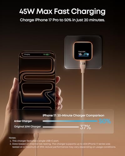Anker Smart Display Charger,Anker Nano 45W Max GaN Fast Charging USB C Charger Block,180° Foldable Plug,Smart Recognition,Built-in Care Mode,for iPhone17/16/15(Non-Battery,One USB-C Port,No Cable)