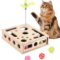 Cat Toys for Indoor Cats - Interactive Box Puzzle Toy Nail File Scratcher Hunting Play Toy with 3 Jingle Balls & 1 Feather Wand, Wooden Puzzle Treat Toy Box Energize Cat Instincts for Bored Cats