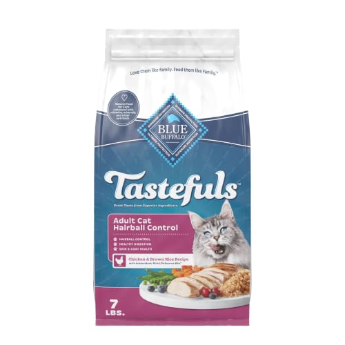 Blue Buffalo Tastefuls Chicken & Brown Rice Recipe Adult Dry Cat Food Hairball Control, Real Chicken First, Deliciously Healthy Natural Cat Food, Supports Digestive Care and Coat Health, 7 lbs.