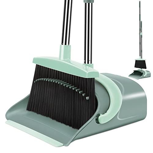 Ivandar Broom and Dustpan Set for Home, Dust pan with Long Handle, Broom with Dustpan Combo Set, for Home Kitchen Room Office Lobby Floor Use Upright Stand Up Sweeping (Gray&Green)