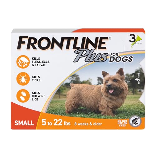 FRONTLINE Plus Flea & Tick Spot Treatment for Small Breed Dogs 5-22 lbs. (Orange) Count of 3 | Trusted by pet owners for over 20 years, kills fleas, ticks & chewing lice, waterproof 24 hr