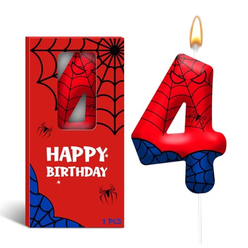 Spider Themed Birthday Candles Number 4 Red Blue Spider Web Themed Cake Topper Candle Party Decoration Birthday Party Celebrations Supplies Favors (Number 4)