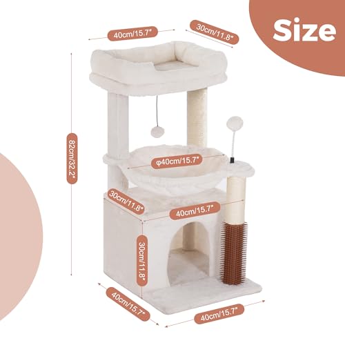 Cat Tree 32 Inches Small Cat Tree for Large Cats Adult Cat Tower with Scratching Post,15.7”Large Hammock and Self Groomer, and Removable Top Perch and Wide Condo for Indoor Cats-Beige