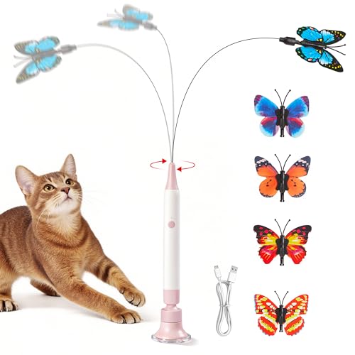 Potaroma Interactive Spinning Butterfly Cat Toy Wand – Rechargebale Electric Touch Activated Cat Teaser with Suction Cup Self-Play & Handheld Mode for Indoor Kittens, Durable Automatic Play Toy