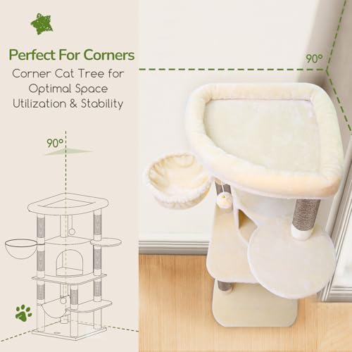 Globlazer Corner Cat Tree, 51in Curved Series Modern Cat Tower for Indoor Cats with Hammock, 7 Sisal Scratching Posts, Large Fan-Shaped Platform for Large Cats, Cat Condo & Hanging Basket, C51, Beige