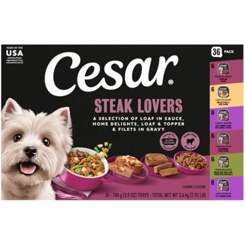 Cesar Adult Wet Dog Food Steak Lovers Variety Pack with Real Meat, 3.5 oz. Easy Peel Trays, 36 Count (Pack of 1)