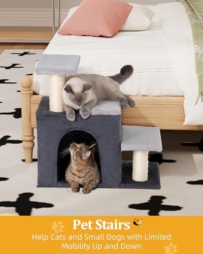 Aechonow 3-in-1 Pet Stairs for Cats, Dog Steps for Small Doggie Rabbits, 6.29''Depth Cat Stairs, Indoor Cat Ladders for High Bed for Pet's Joints, 1 Cat Condo Cave, Sisal Scratcher, Grey, Medium