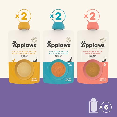 Applaws Bone Broth Fish & Chicken Variety 12-Pack Lickable Wet Cat Food Topper, High Protein, Limited Ingredient, Grain Free, No Artificial Additives (12 x 3 oz Resealable Spout Pouches)