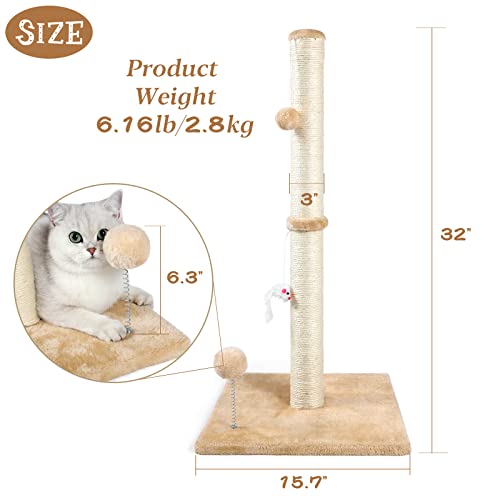 ANWA 32" Tall Cat Scratching Posts for Indoor Cats, 3-in-1 Vertical Cat Scratching Post with Plush Toys, Premium Sisal Post for Cats at All Ages with Reinforced Stable Base, Beige
