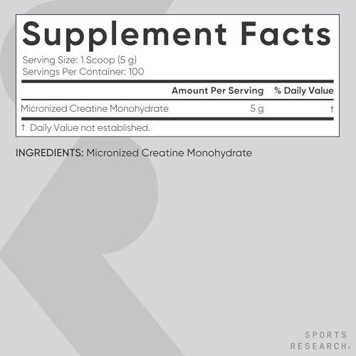 Sports Research Creatine Monohydrate - Gain Lean Muscle, Improve Performance and Strength and Support Workout Recovery* - 5 g Micronized Creatine - 17.64 oz
